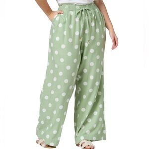 Cato Wide Leg Pants Green White Polka Dots Elastic Waist Linen Cotton Sz 18/20W